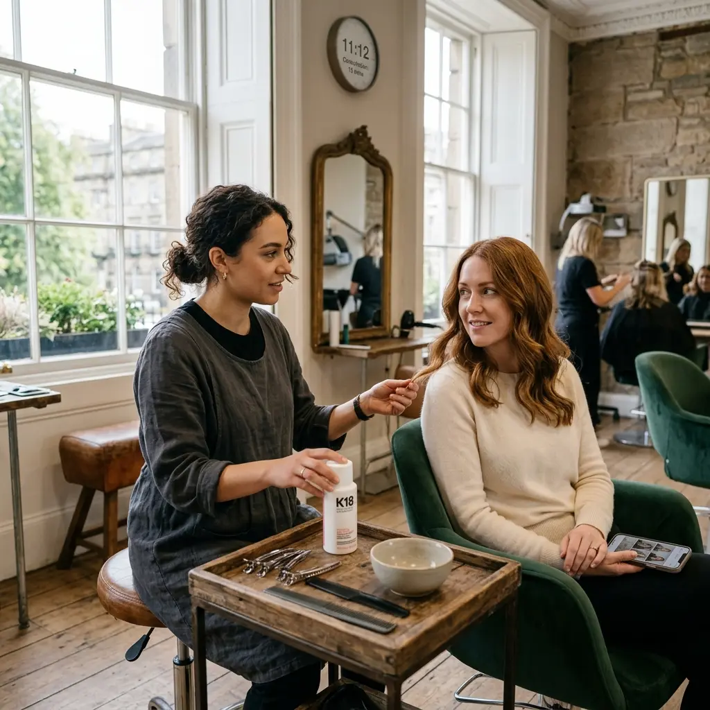 Hair stylist at Hello Beauty Edinburgh discussing K18 treatment options with a client during consultation